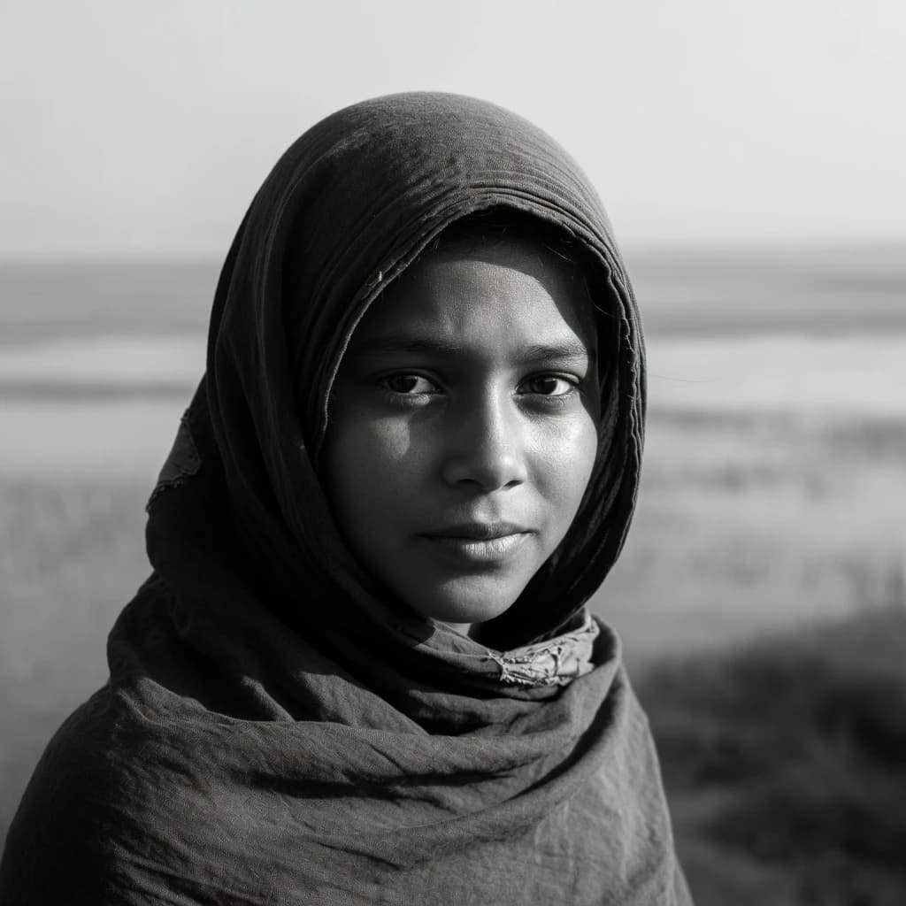 A dramatic black-and-white portrait of a young person draped in a hooded garment, their face framed by the hood's dark folds. Their skin tone and the subtle sheen on their cheeks create striking tonal contrast against the deep shadows. Their eyes are piercing, looking directly into the lens with a calm, steady intensity—neither confrontational nor submissive, but deeply present. The texture of the fabric is visible: it's dense, slightly weathered, and whisper-thin creases catch the light. In the background, an expansive, out-of-focus landscape suggests open space—perhaps distant plains or water—though the details remain soft and abstract. The overall mood is silent yet powerful, poised between vulnerability and resilience, with every highlight and shadow telling part of their story.