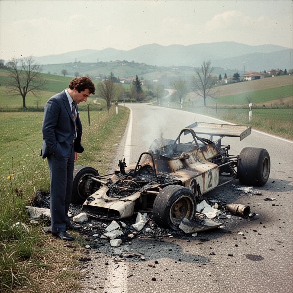 Mario examines the still smouldering wreck of the crash that took his best driver on the side of the country road. He designed this car and caused this. 3 days have passed since the crash. It's 1973 in Northern Italy.