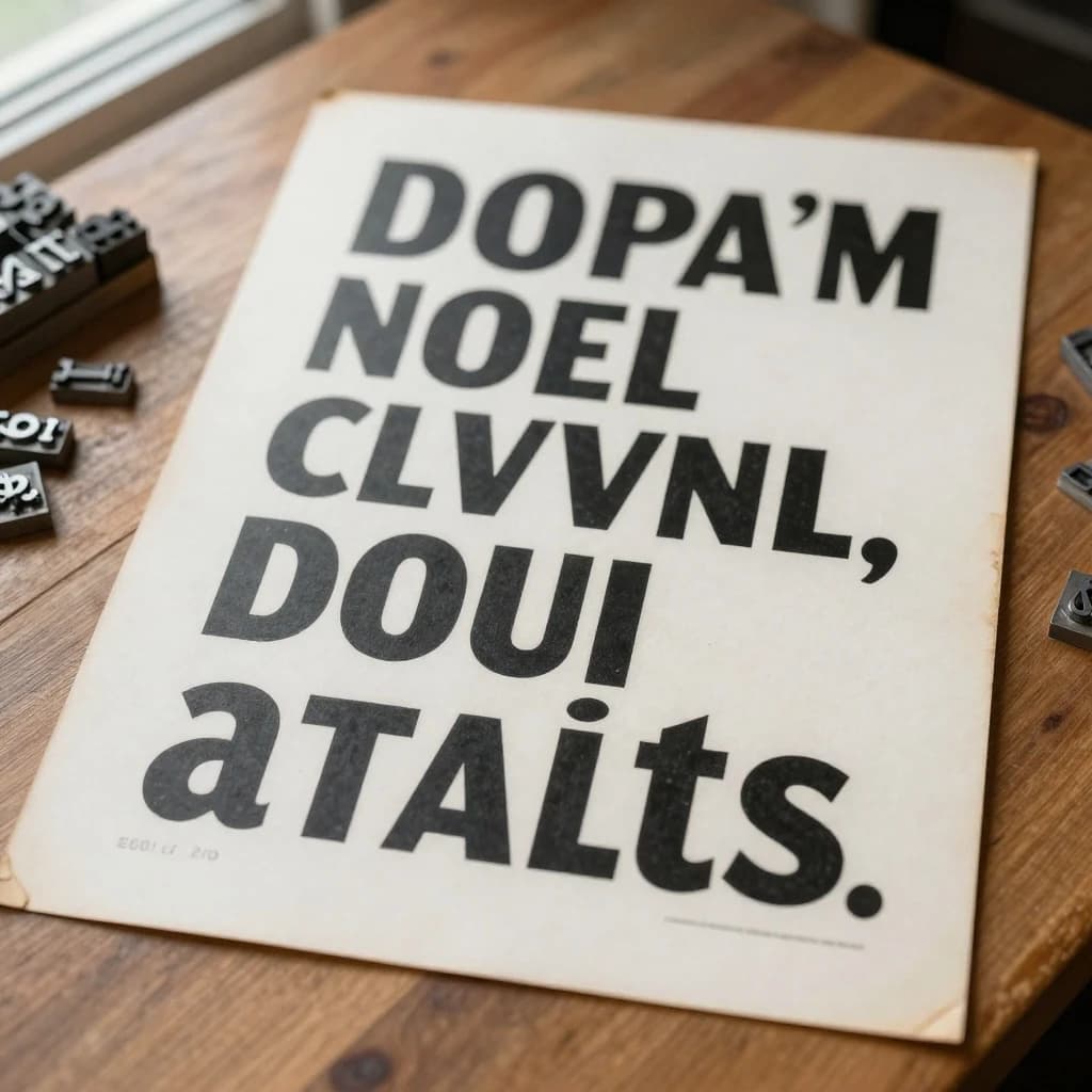 A vintage letterpress poster on a wooden desk: bold slab serif headline, tight kerning, misregistered ink, slightly worn edges, scattered metal type, soft window light.