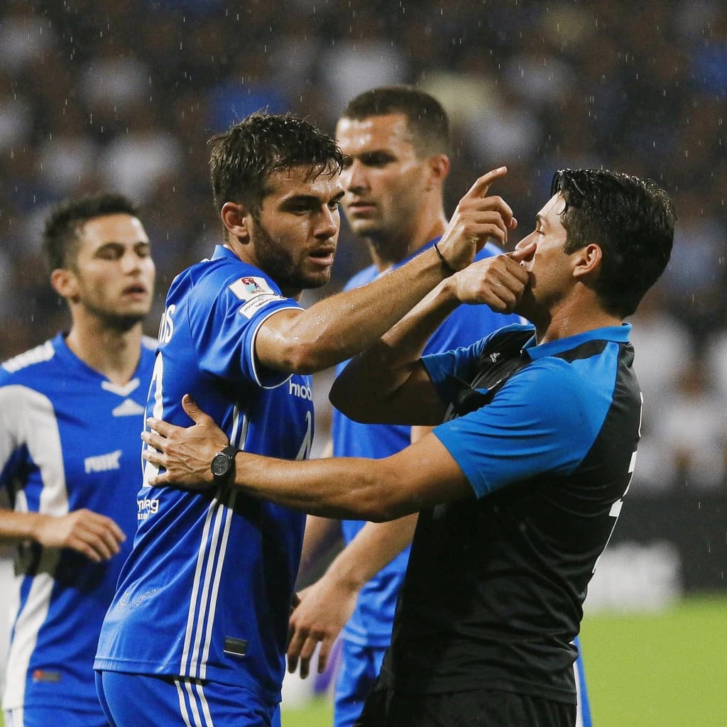 The soccer player clashes with the ref. It is thick and humid and the heat is getting to the players. His friend tries to pull him off before he causes any more trouble.