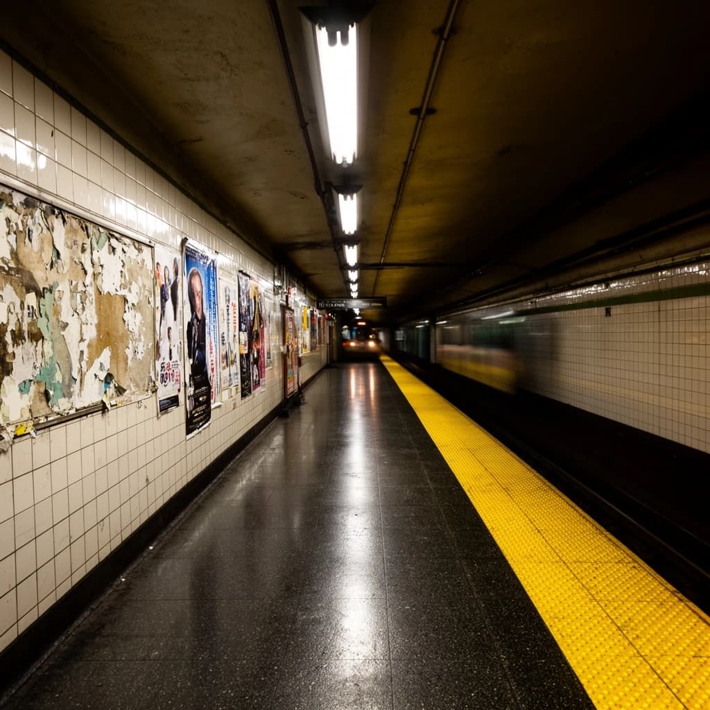 A subterranean subway platform with glossy tiles, peeling posters, flickering fluorescent lights, yellow safety line, and a distant train coming; slightly damp, echoes carry.