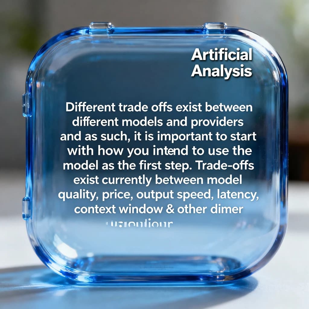 In a clear transparent blue glassy rounded box, etch "Different trade offs exist between different models and providers and as such, it is important to start with how you intend to use the model as the first step. Trade-offs exist currently between model quality, price, output speed, latency, context window & other dimensions. " in sans serif medium weight text. Artificial Analysis is watermarked over the top right 