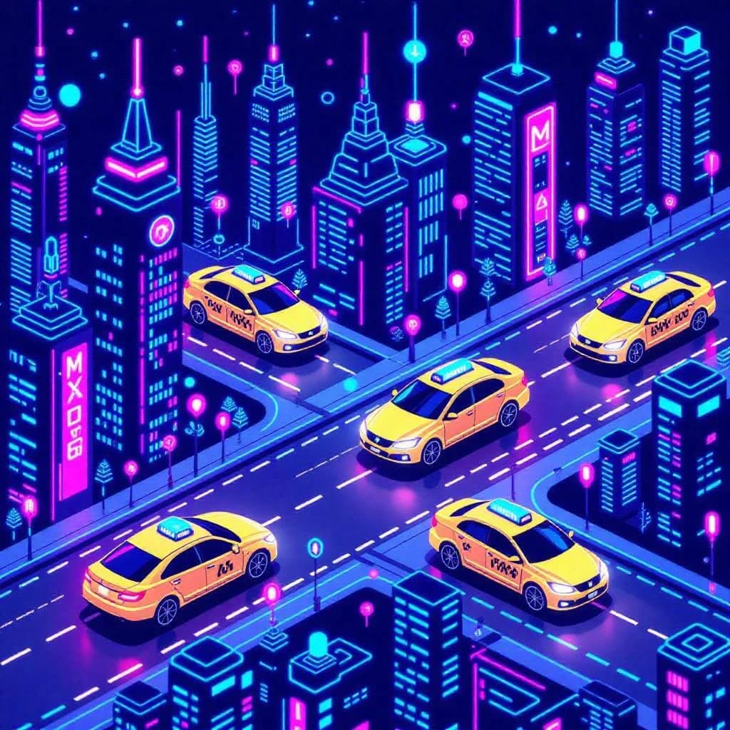 Design an isometric neon city with hovering taxis, clean lines, soft glow.
