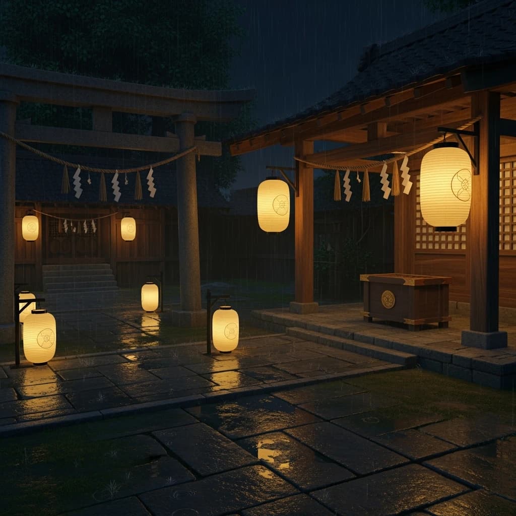 Lantern-lit shrine courtyard at night, cel-shaded, soft glow, drizzle.