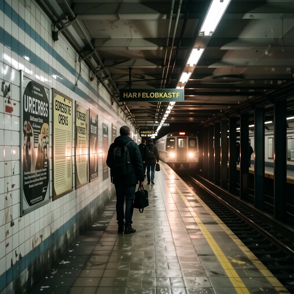 A subterranean subway platform with glossy tiles, peeling posters, flickering fluorescent lights, yellow safety line, and a distant train coming; slightly damp, echoes carry.