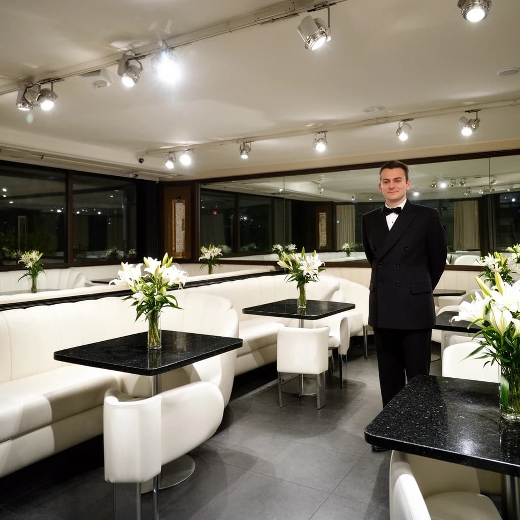 The place is almost empty. The banquettes are covered in white leather, the tables black granite, and the entire room is bathed in halogen track lighting that seems too bright. The maître d’ wears a double-breasted wool crepe jacket. There are lilies on every table.