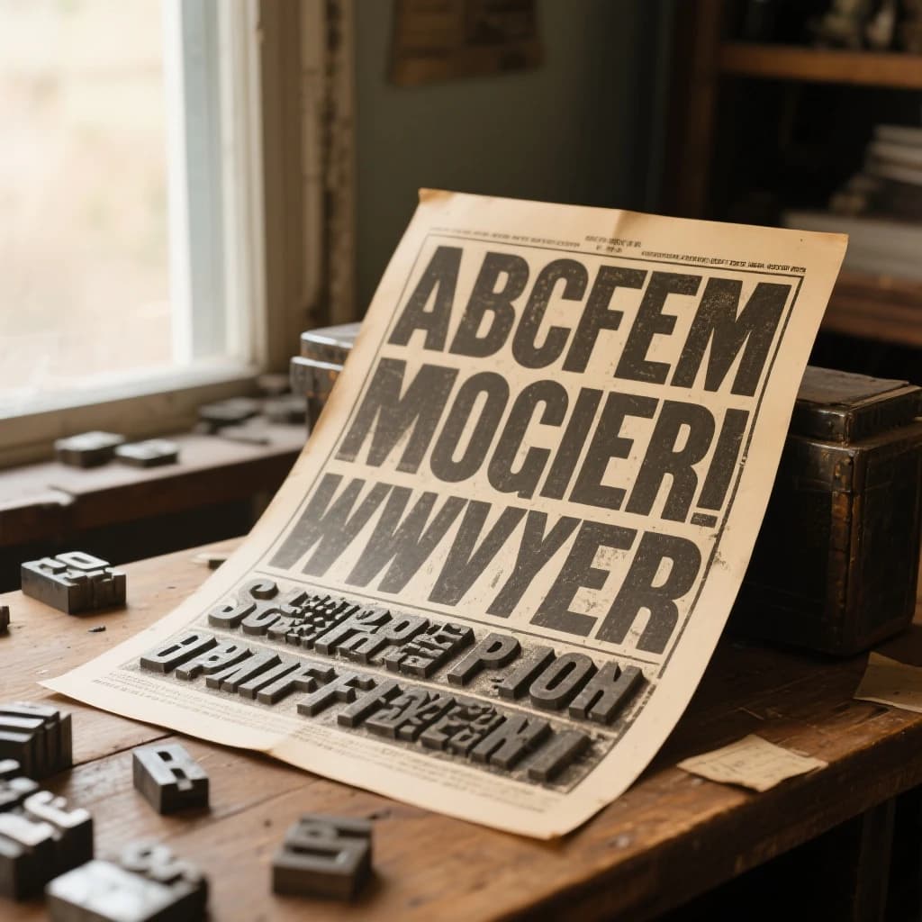 A vintage letterpress poster on a wooden desk: bold slab serif headline, tight kerning, misregistered ink, slightly worn edges, scattered metal type, soft window light.