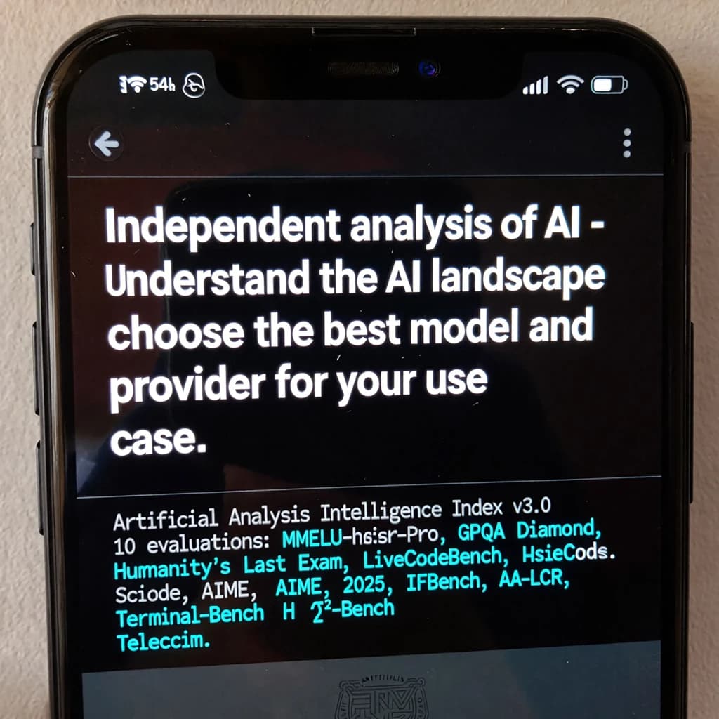 On a black smartphone UI with rounded corners, display a centered text block in white San Francisco font, 16pt: “Independent analysis of AI - Understand the AI landscape to choose the best model and provider for your use case.” Below, in neon cyan, monospace font, smaller size: “Artificial Analysis Intelligence Index v3.0 incorporates 10 evaluations: MMLU-Pro, GPQA Diamond, Humanity's Last Exam, LiveCodeBench, SciCode, AIME 2025, IFBench, AA-LCR, Terminal-Bench Hard, 𝜏²-Bench Telecom.” The second block scrolls horizontally as a ticker. The battery icon in the status bar shows 54%. The Artificial Analysis logo appears faintly, embossed into the bottom navigation bar.