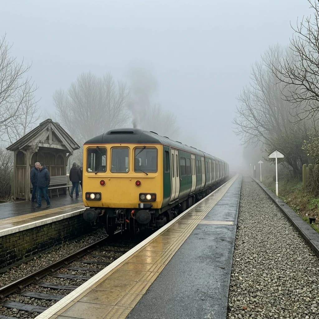 A commuter train enters a foggy little station.