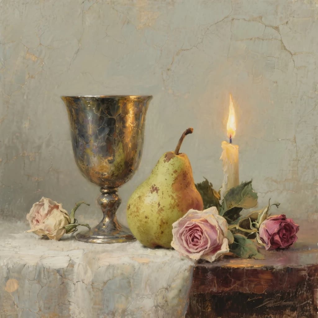 Create an oil on canvas still life with a tarnished goblet, bruised pears, and wilted roses, lit by a single candle; a bit muted palette, soft brushwork, subtle craquelure.