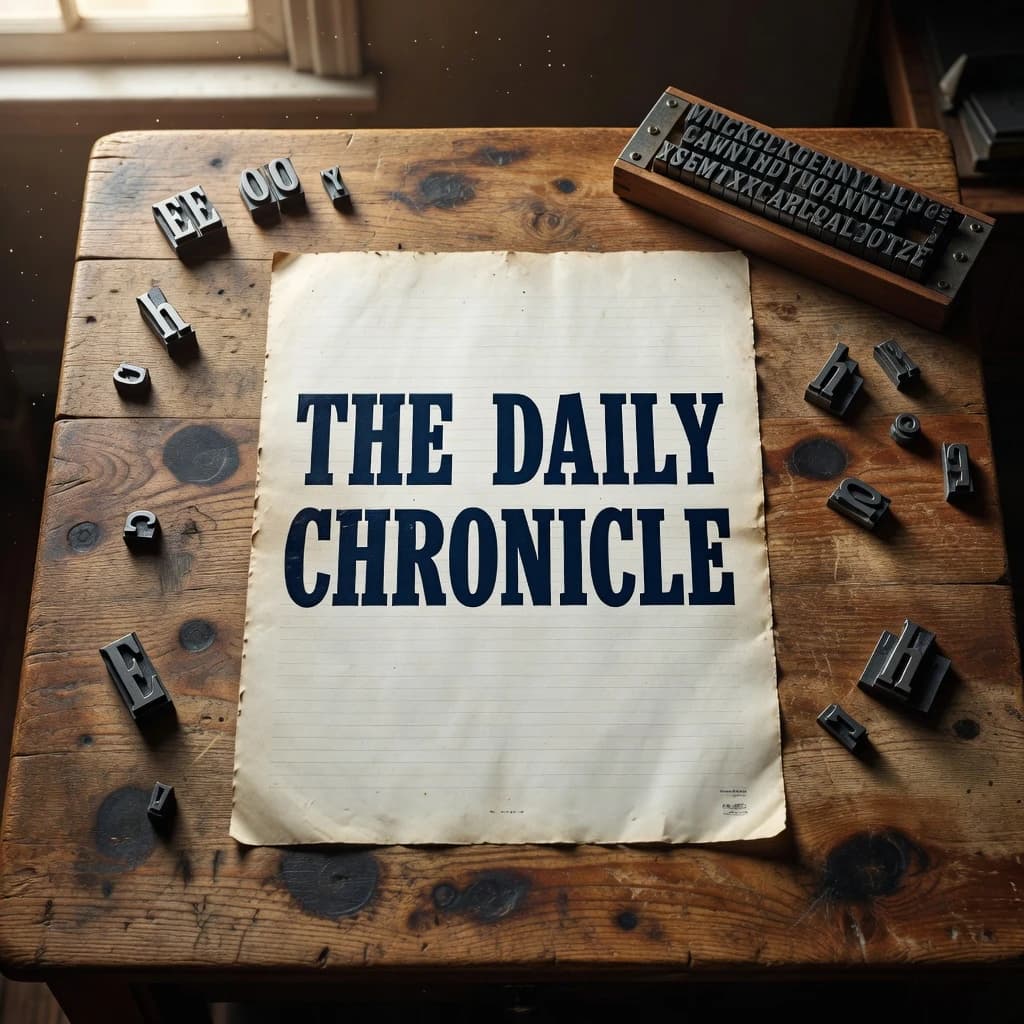 A vintage letterpress poster on a wooden desk: bold slab serif headline, tight kerning, misregistered ink, slightly worn edges, scattered metal type, soft window light.