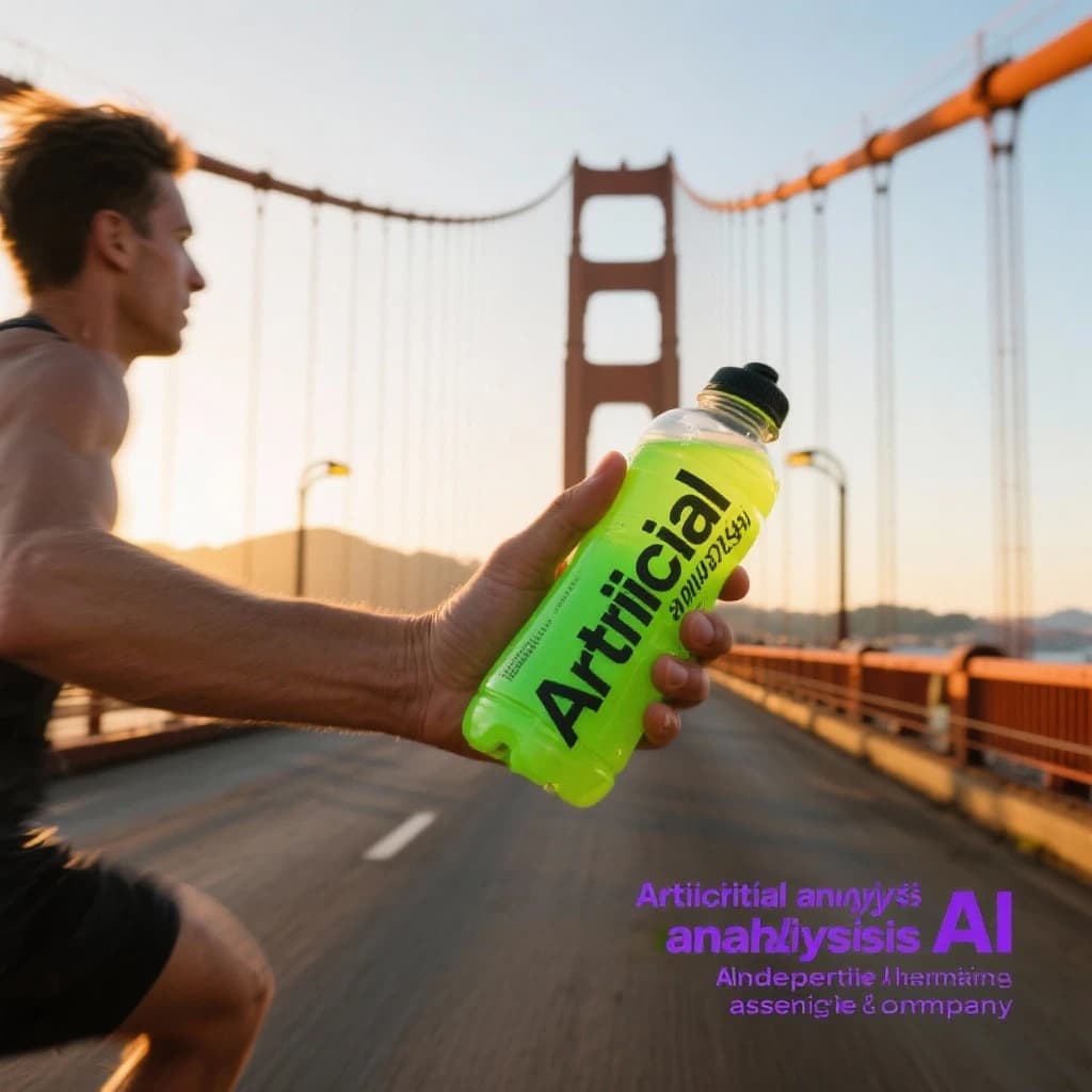 A runner dashes across the Golden Gate Bridge at dawn, sunlight streaming between cables. In their hand, they carry a neon-green sports drink with the brand name Artificial Analysis splashed boldly across the bottle. Motion blur emphasizes speed, while crisp purple sans serif typography overlays the bottom right of the scene with the tagline: Artificial Analysis is an independent AI benchmarking & analysis company