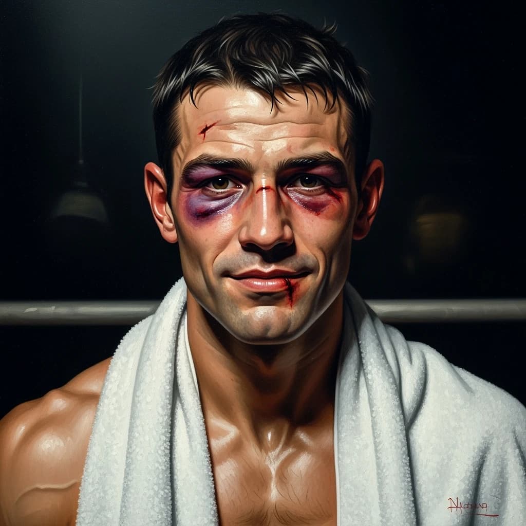 Paint a bruised boxer smiling, serious expression.