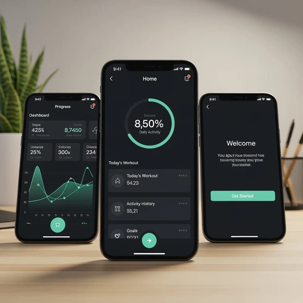 Sleek mobile fitness app screens on a desk: dark mode home, progress dashboard, simple onboarding, clear 8 pt grid, slightly oversized buttons for thumb reach, muted colors.