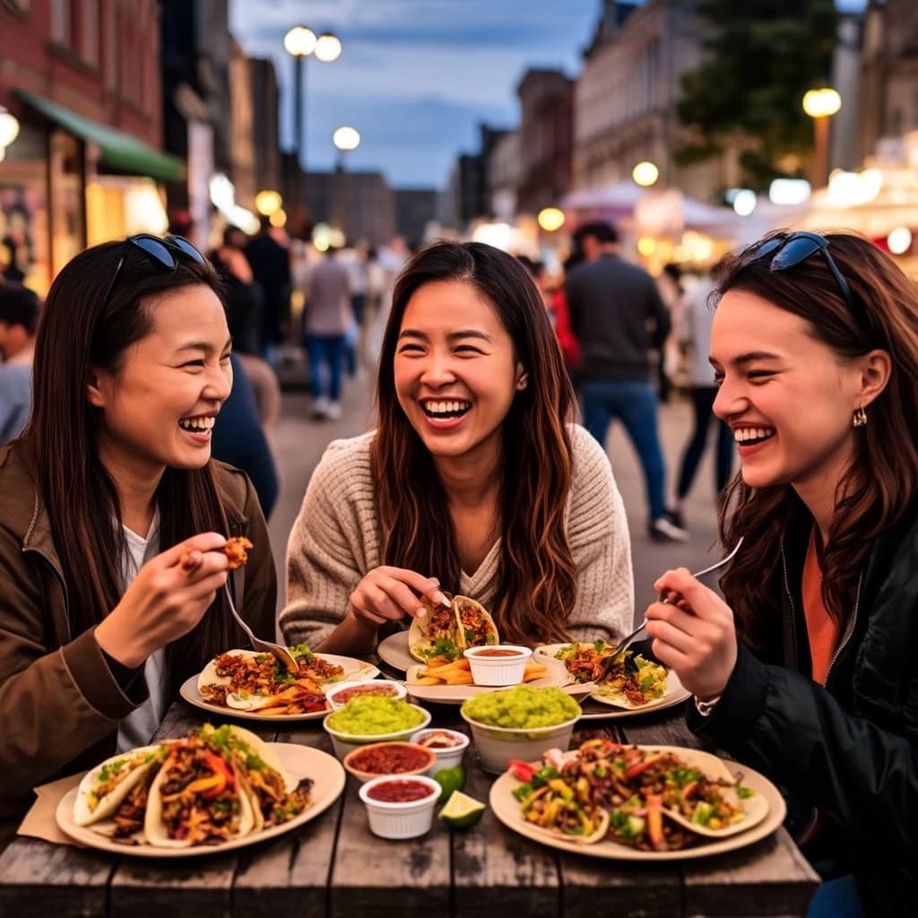 Friends laugh over street tacos at dusk, candid, shallow depth.