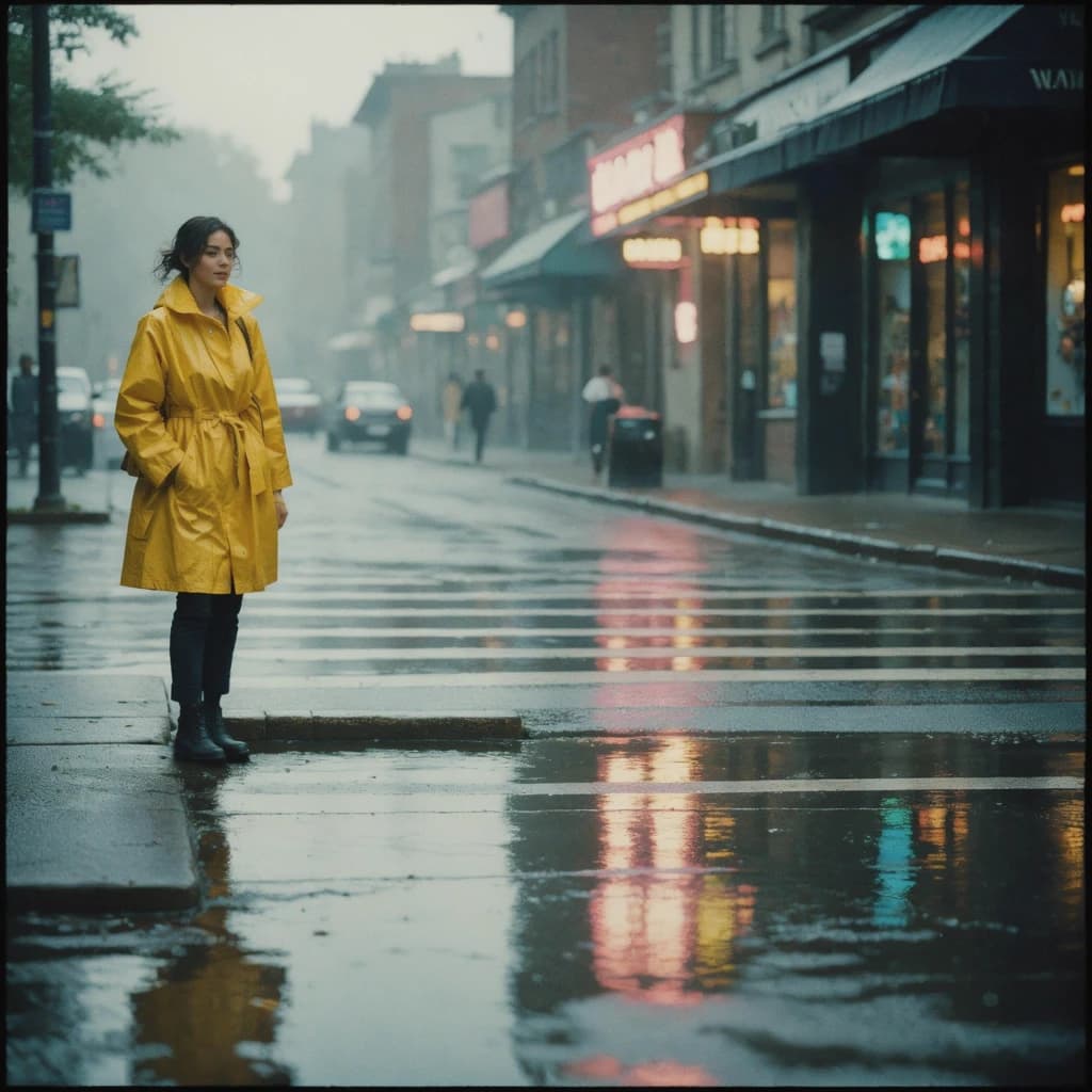A sunlit city street after rain; puddles mirror neon signs as a woman in a yellow raincoat waits at a crosswalk, soft mist, 50mm look, natural tones, a bit of film grain.