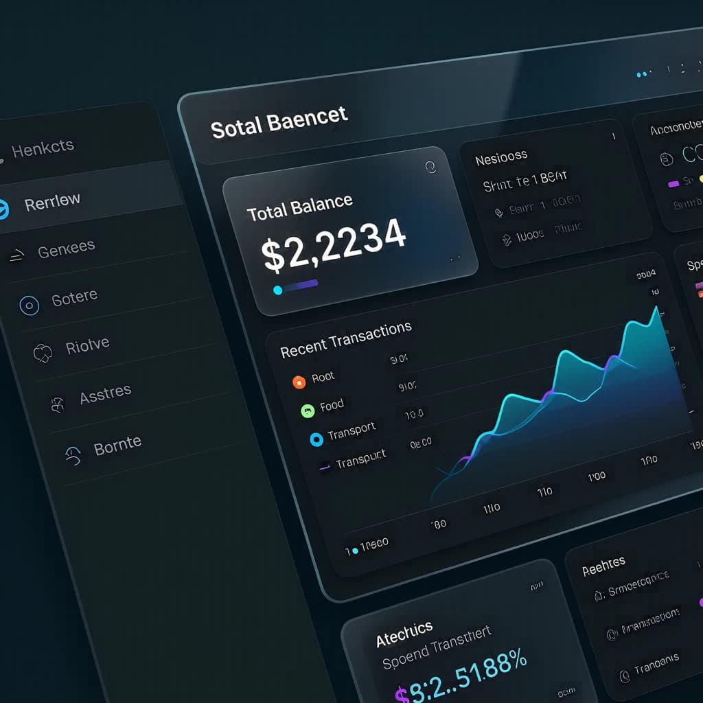 Dark mode banking dashboard with glassmorphism.