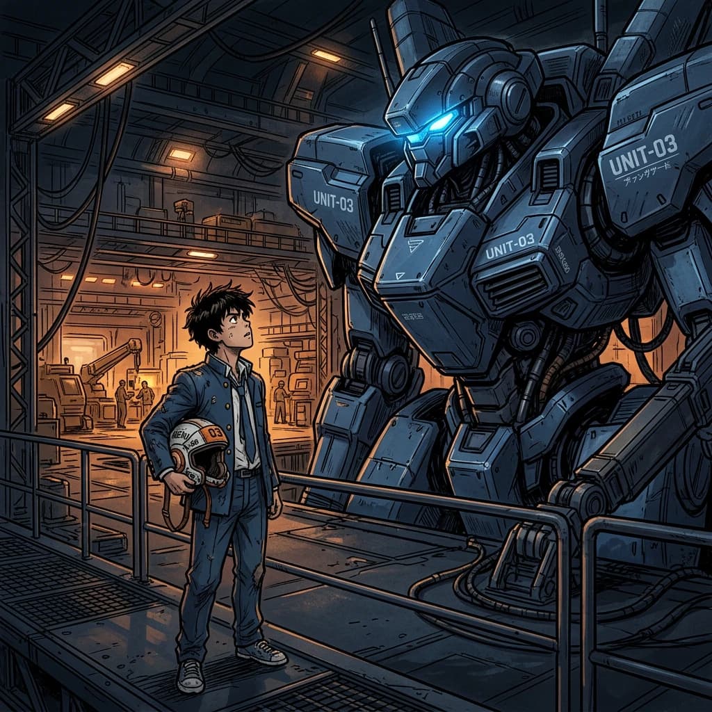 A teenage pilot grips his helmet under one arm, standing at the edge of a glowing hangar bay. Before him looms a sleek, steel-blue mech, its eyes lit with a cold electric glare. His school uniform is rumpled, a sharp contrast to the machine’s flawless plating. The vast scale engulfs him in shadow, emphasizing both awe and dread. Hand-drawn anime style.
