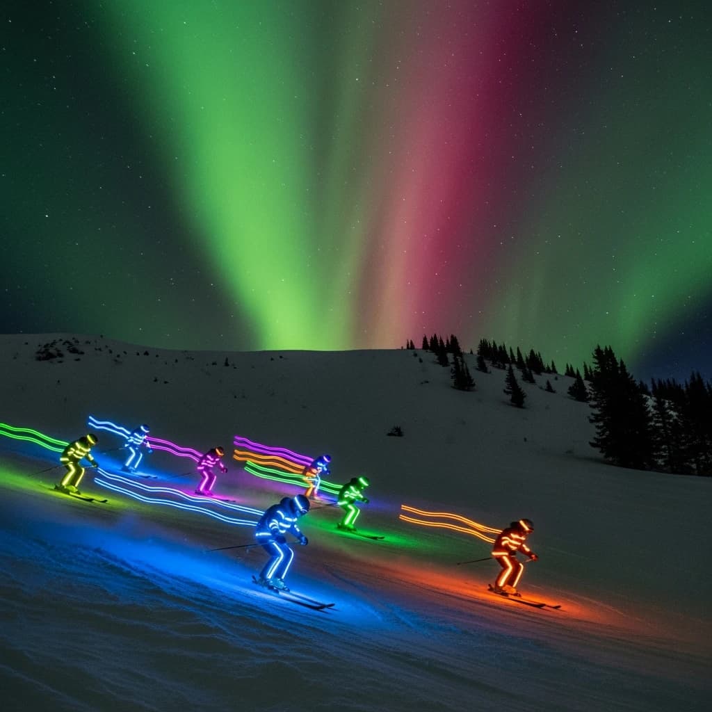 Coronet Peak Night Skiing: Skiers in colorful LED suits carve their way down the slopes of New Zealand's Coronet Peak under the Aurora Borealis, the skiers' light trails visible behind them