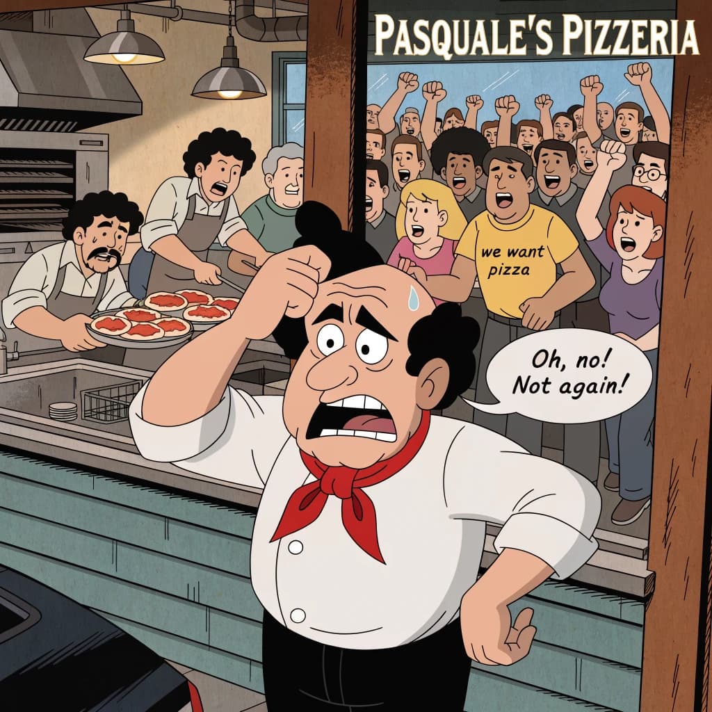 Pasquale is pulling his few remaining hairs out over a disaster at the pizzeria - the cooks are working as fast as they can but the crowds outside are swelling and they demand hot hot pizza! They are banging on the glass and some are wearing "we want pizza" shirts. 1980s western TV animation style.