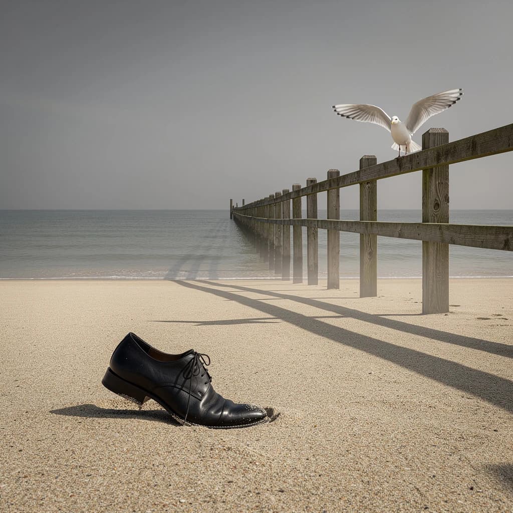 The beach is flat, sand beige, granular, no shells, except for a single left shoe, black leather, size eleven, half buried at an angle. The pier extends straight into the water, wood untreated, grain visible, though the support posts vanish before they touch the surface. The sky is uniformly gray, no clouds, yet shadows stretch at sharp diagonals. A single gull sits on the railing, wings outstretched, frozen mid-flap, no movement.