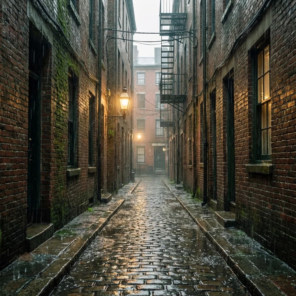 Show a narrow brick alley with wet cobblestones.