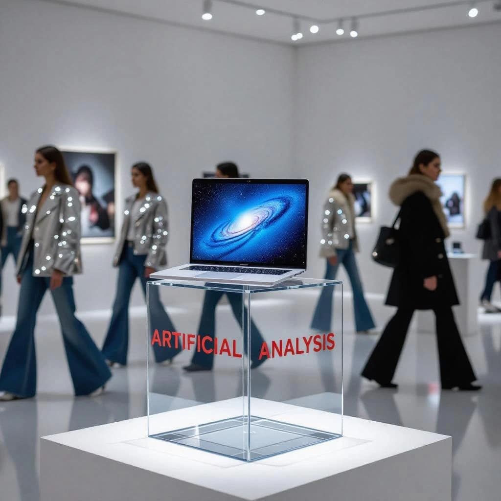 In a spotless gallery space, a pedestal supports a transparent laptop whose screen flickers between static and pristine brand imagery. Shoppers blur past in designer clothes that appear slightly outdated - bell bottoms, metallic jackets. The embossed logo “Artificial Analysis” glints silver, yet its reflection in the glass floor reads in crimson letters. A single spotlight shines, though shadows fall in two directions.