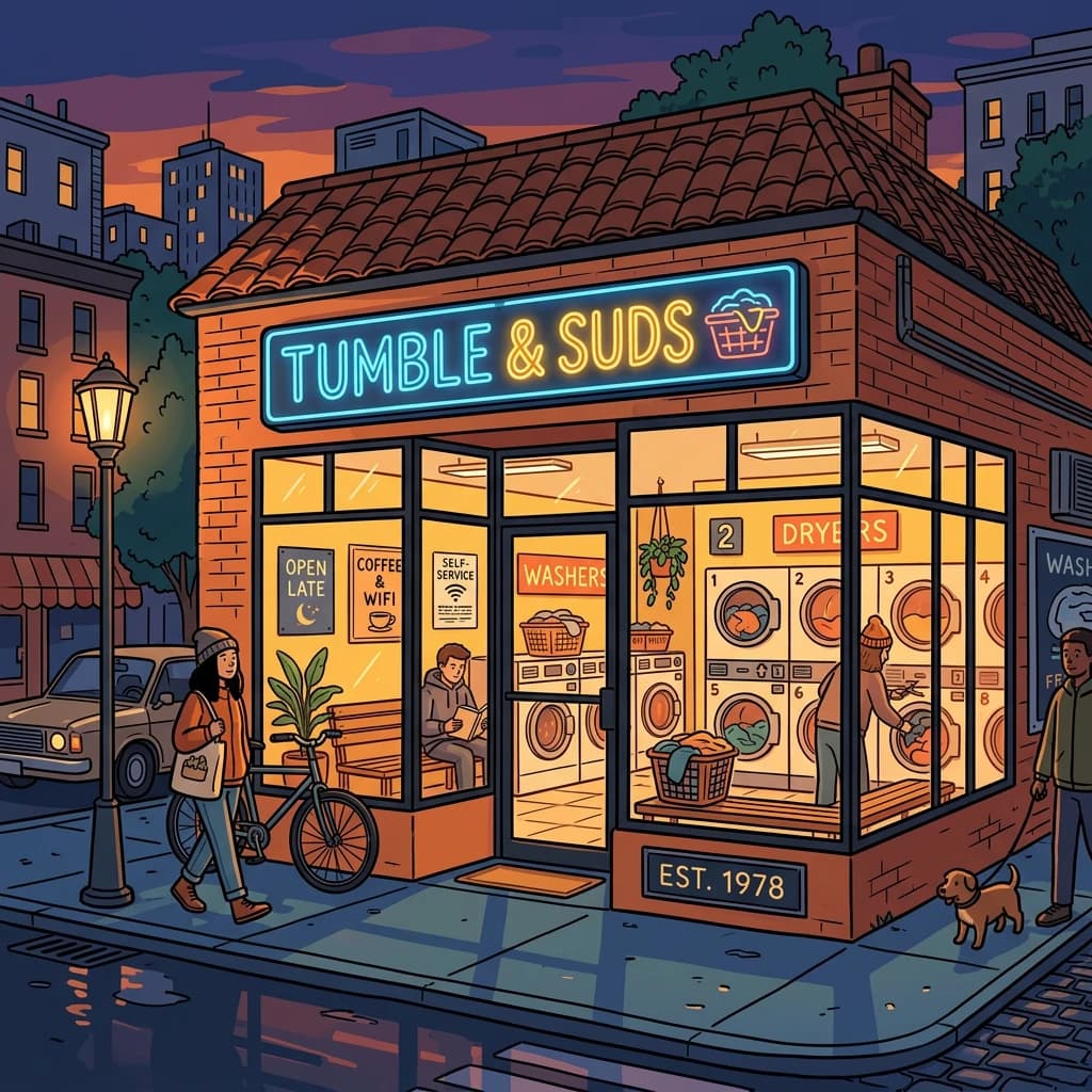 A cozy laundromat at dusk, neon humming, flat colors, bold inked lines.
