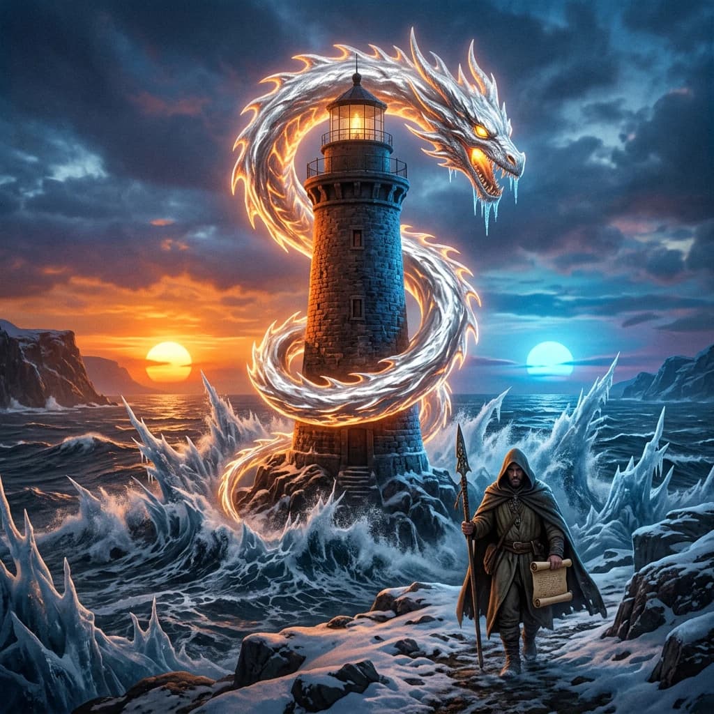 A dragon of molten silver coils around a lighthouse. The storming sea below crashes upward in frozen stillness, as though caught mid-motion. The dragon’s molten eyes drip tears of ice. On the horizon, two suns set next to each other, casting orange light on one side of the tower and blue on the other. A cloaked traveler carries an ancient weapon in his left hand and a scroll in his right.