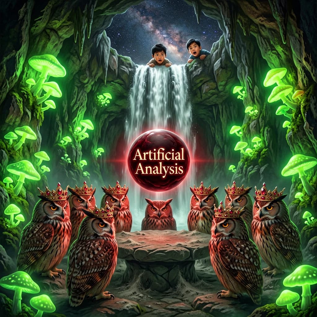 In a cavern lined with bioluminescent fungi glowing lime green, the council of owls wear jeweled crowns that glimmer with rubies, their wings folded behind their backs. Dust coats the stone table, a glowing orb inscribed with “Artificial Analysis” hovers above the table illuminating the owls with its red pulsating light. Behind them, a waterfall falls upward into a ceiling that opens onto stars - a child looks down in wonder from above at what he has stumbled across.