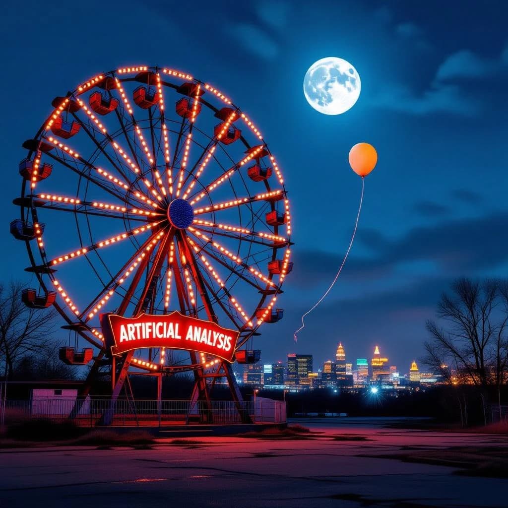 A deserted amusement park glows faintly under a half-moon. The ferris wheel is rusting yet strung with fresh, blinking LED lights. A torn clown banner flaps in a windless air. A lone balloon floats upward, tethered to nothing, while in the far distance city lights flicker on - some neon, some gas lamps as though from another century. 'Artificial Analysis' glows in neon