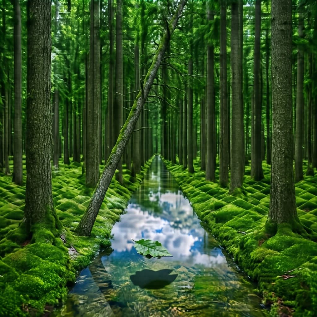 The forest is saturated green, trees identical in height and width, trunks straight, bark texture repeating. One trunk leans diagonally yet the branches remain vertical. The moss is emerald, glistening, though each patch forms identical diamond shapes. A stream runs straight, perfectly linear, water clear, reflecting clouds not visible in the sky. No animals, no insects, but one leaf floats on the water, doubled, showing two overlapping shadows.