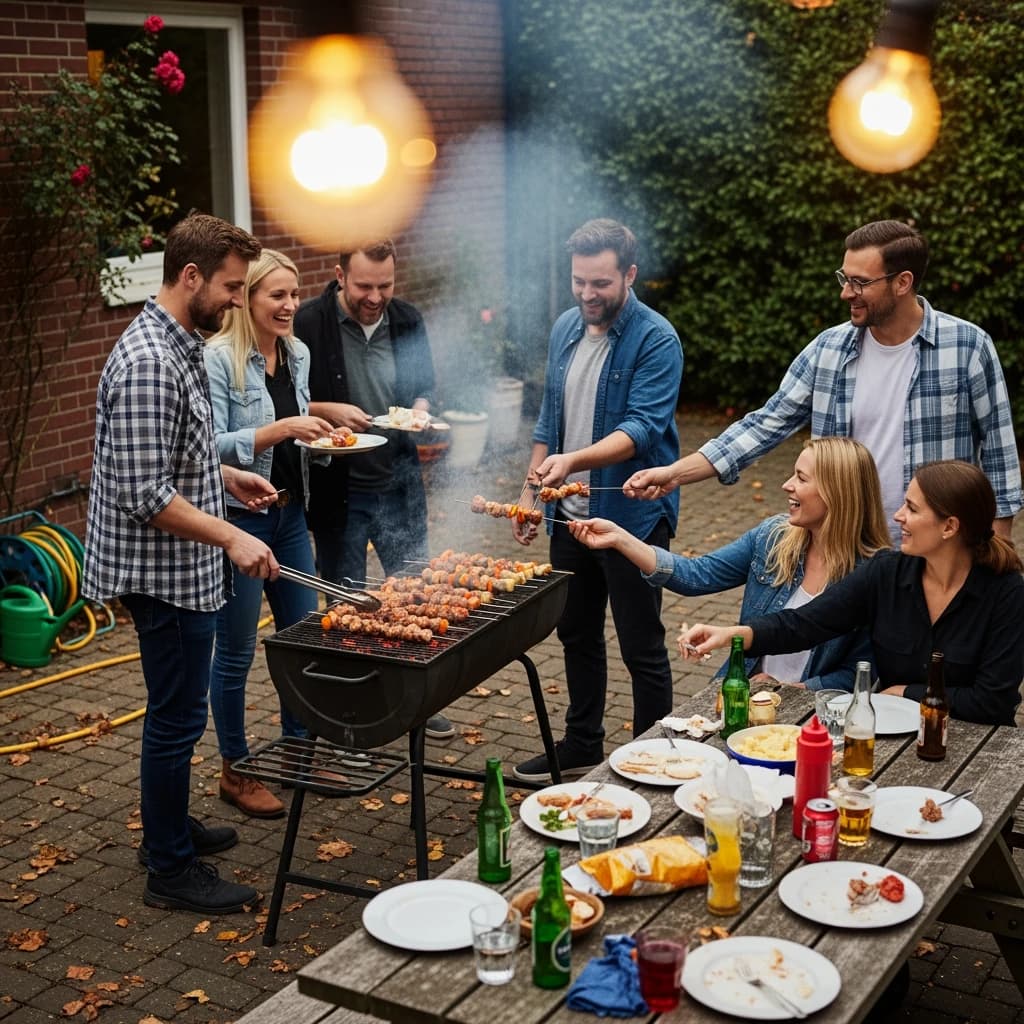 Friends grill skewers on a slightly messy patio.