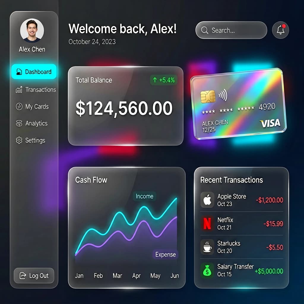 Dark mode banking dashboard with glassmorphism.