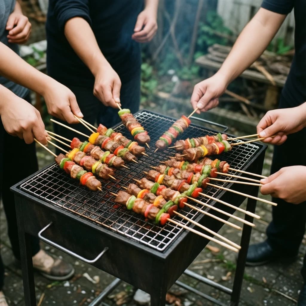 Friends grill skewers on a slightly messy patio.