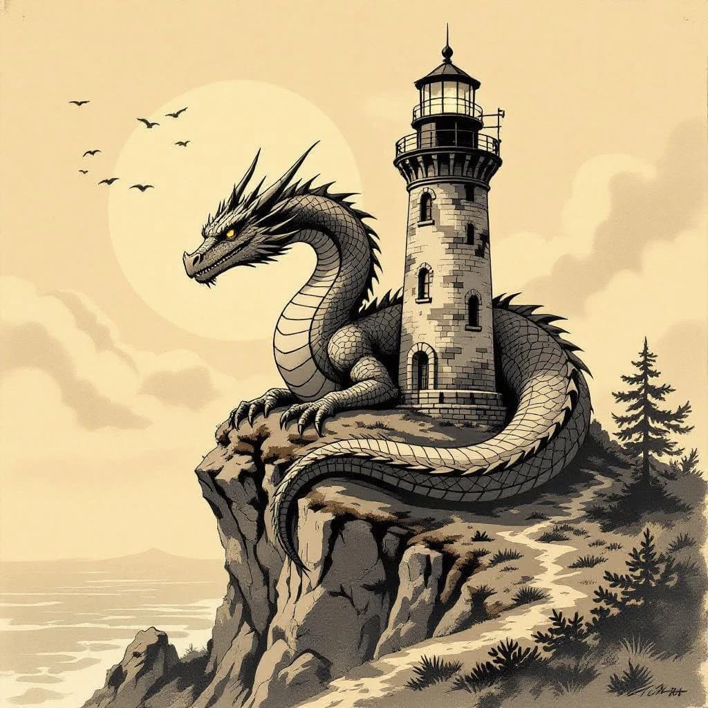 Let's do a sepia pulp cover where a dragon coils around a cliffside lighthouse.