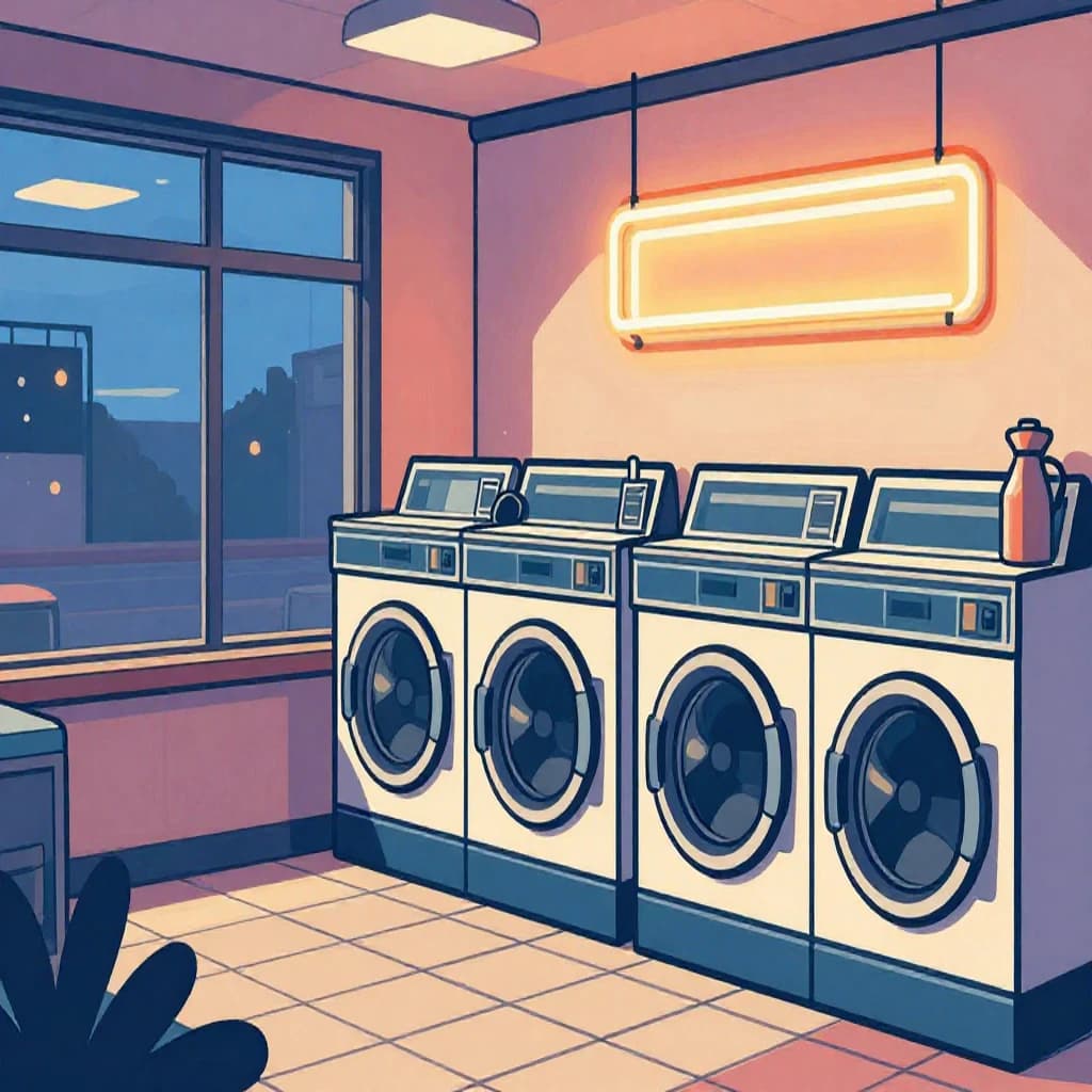 A cozy laundromat at dusk, neon humming, flat colors, bold inked lines.