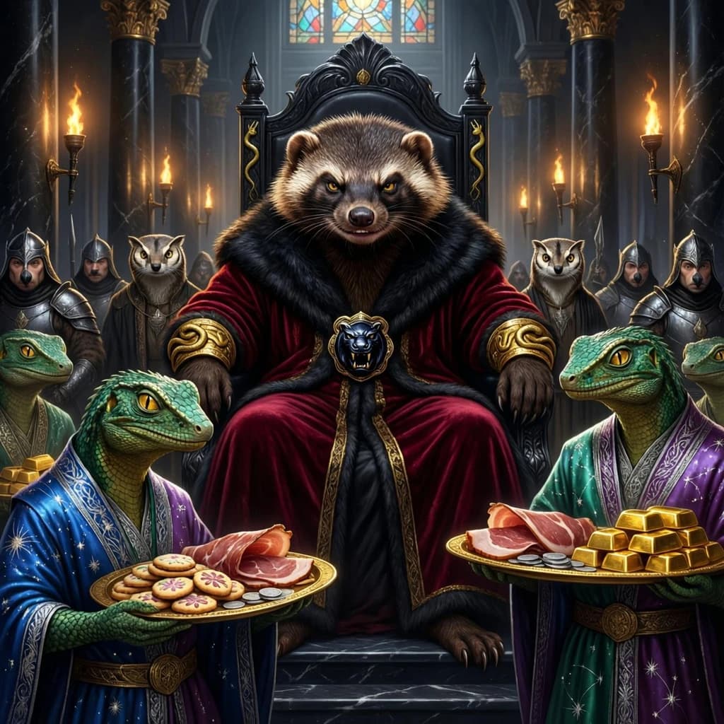 Big Weasel, the tyrannical ruler of the Levitus, slouches on his throne, his mood foul but somewhat brightened by the sight of gifts - a wearisome group of lizard traders adorned in fine silks proceed toward him through the hall with their annual tribute of biscuits, ham and gold - Big Weasel's favourites. Big Weasel's entourage looks on with stern approval.