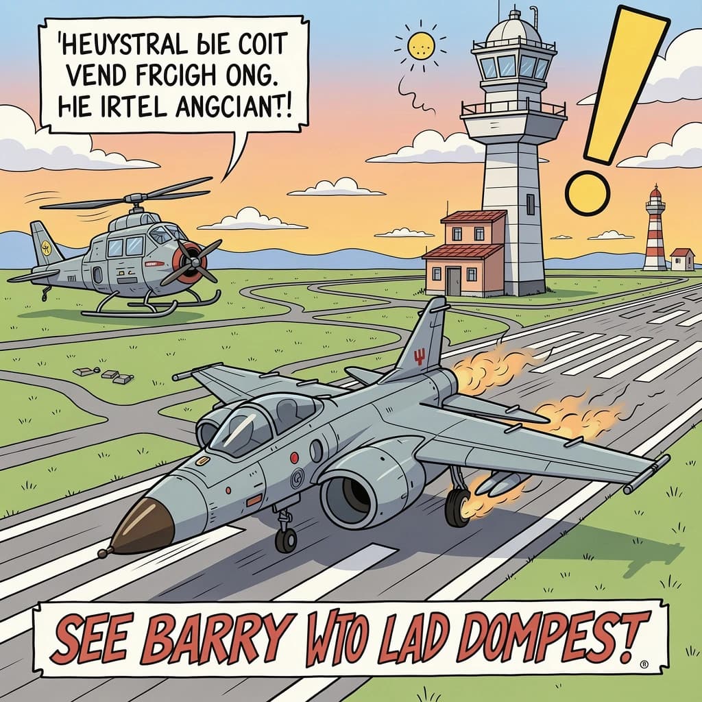 Almost at the runway, Fred the Fighter Jet is racing with Barry the Bomber to see who lands first. Fred has a mischievous trick up his sleeve but Hermione the Helicopter is going to stop him before he gets the chance. The control tower is very angry and has a big exclamation mark. Hand drawn cel look