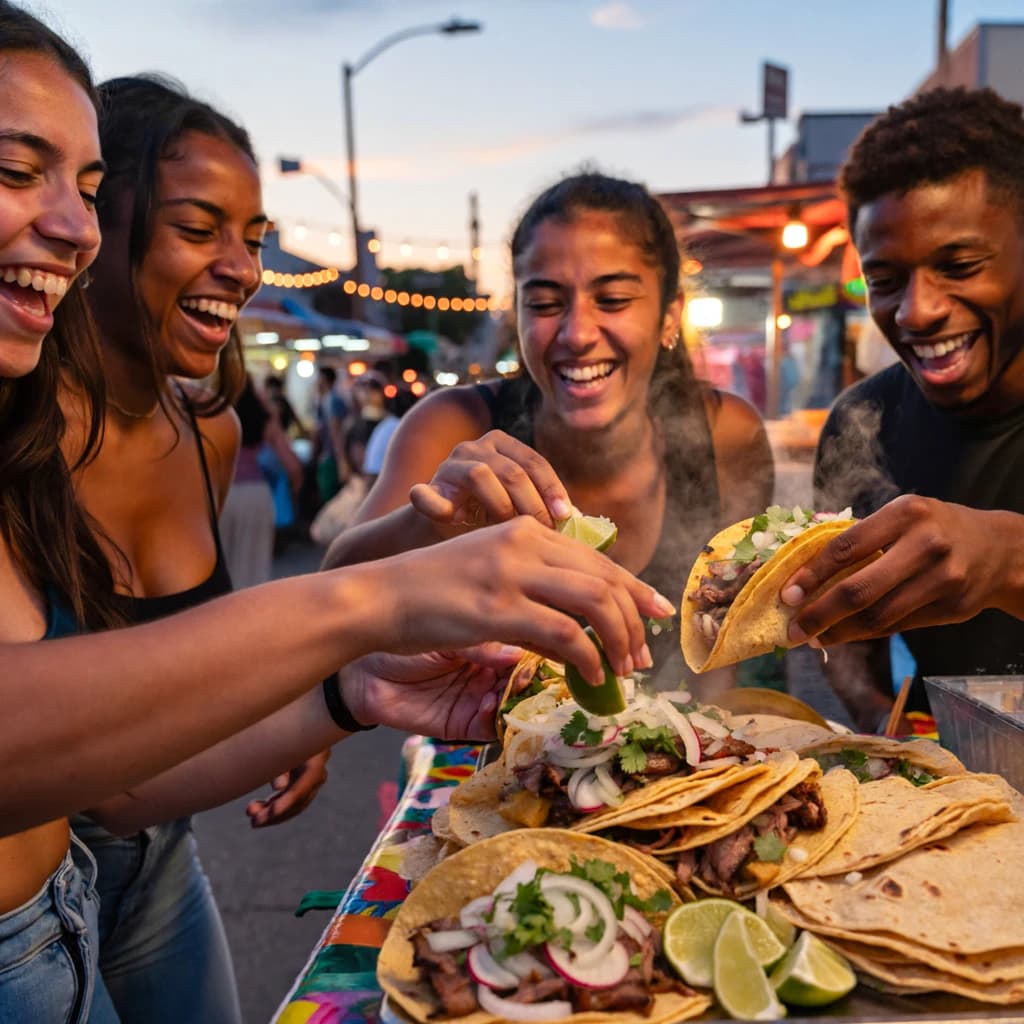 Friends laugh over street tacos at dusk, candid, shallow depth.