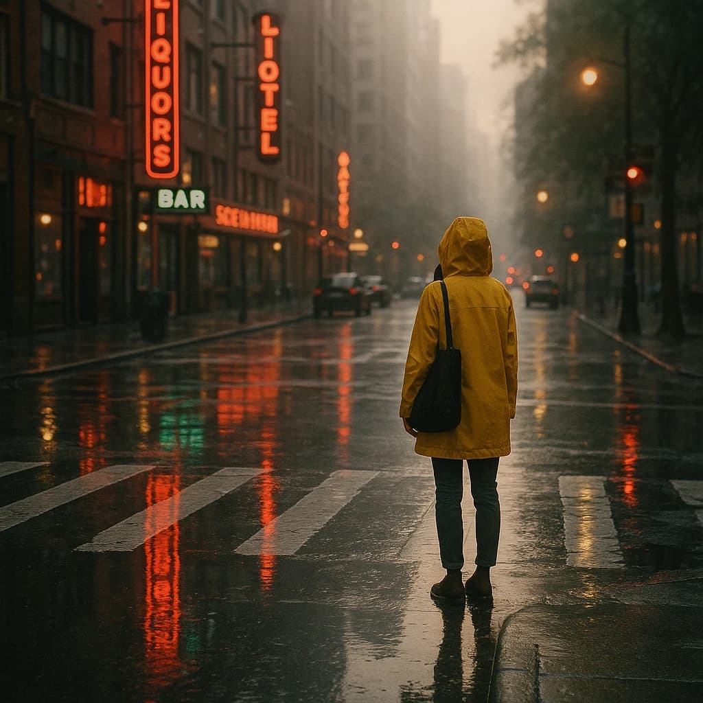 A sunlit city street after rain; puddles mirror neon signs as a woman in a yellow raincoat waits at a crosswalk, soft mist, 50mm look, natural tones, a bit of film grain.