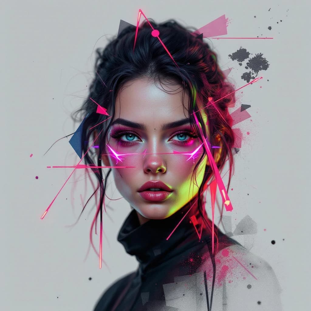 Render a stark 3D portrait of a stern woman, neon accents and vector overlays.