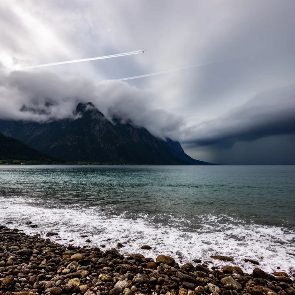 A stunning mountain vista pokes through the cloud top. Contrails from a distant airplane linger in the air. In the foreground there is a stony beach with foamy seas. A thunder storm is visibile in the distant right.