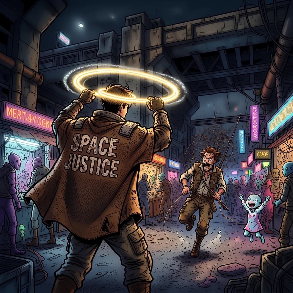 The space cowboy chases the deranged fisherman underneath the causeway, eager to collect on his bounty. Fishing rods and lines hang off the back off the fishermen as he darts between the bustling market crowd. We see the back of the space cowboy in his space poncho emblazoned with the words SPACE JUSTICE, spinning his lasso over his head. A child on the sidelines excitedly cheers the cowboy. 1990s hand drawn anime style with strong fluidity