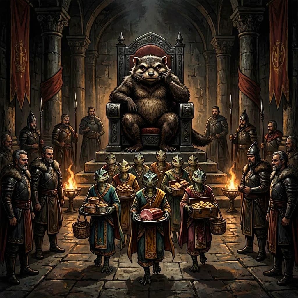 Big Weasel, the tyrannical ruler of the Levitus, slouches on his throne, his mood foul but somewhat brightened by the sight of gifts - a wearisome group of lizard traders adorned in fine silks proceed toward him through the hall with their annual tribute of biscuits, ham and gold - Big Weasel's favourites. Big Weasel's entourage looks on with stern approval.