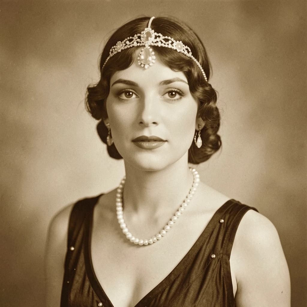 Sepia-toned studio portrait of a flapper with pearl necklace, soft grain.