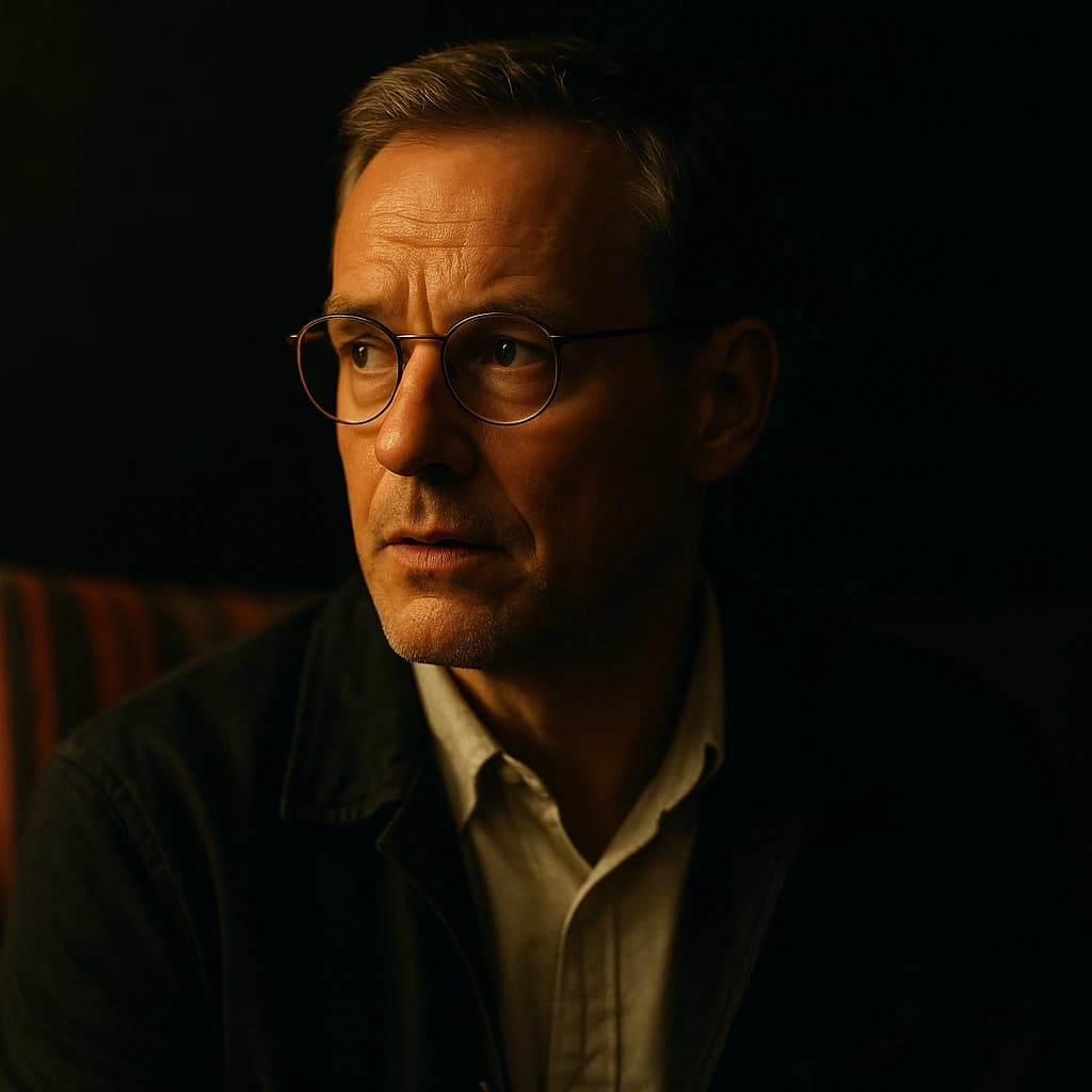 A sharply lit portrait of a middle-aged man wearing thin-rimmed glasses and a dark jacket over a white collared shirt. He gazes intently to the side, his face half illuminated by warm light while the background recedes into deep shadow. The expression is thoughtful, almost wary, as if caught mid-conversation. Behind him, a striped cushion in muted reds and blacks adds subtle texture, contrasting with the crisp highlights on his forehead and glasses. The overall mood is contemplative and cinematic, balancing warmth with tension.