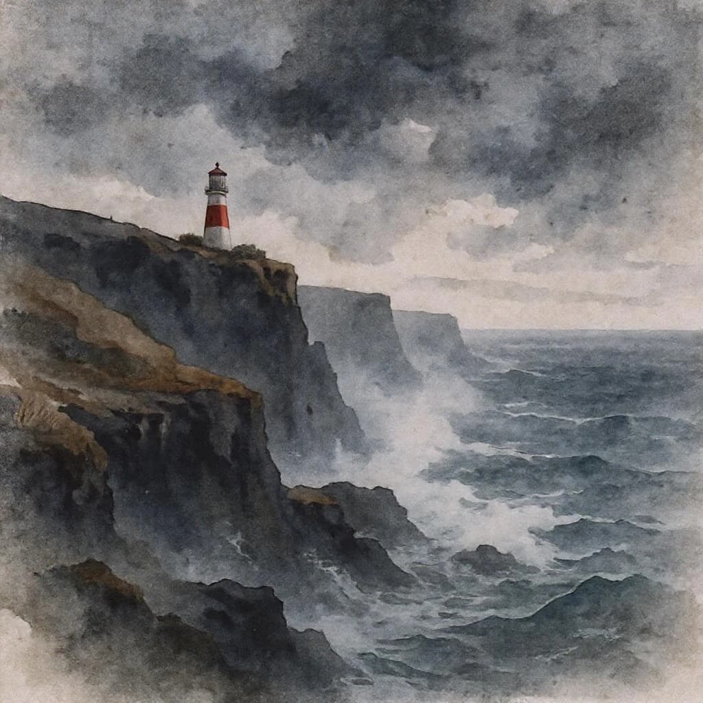 Please paint a watercolor of stormy cliffs and a lighthouse, moody sky.