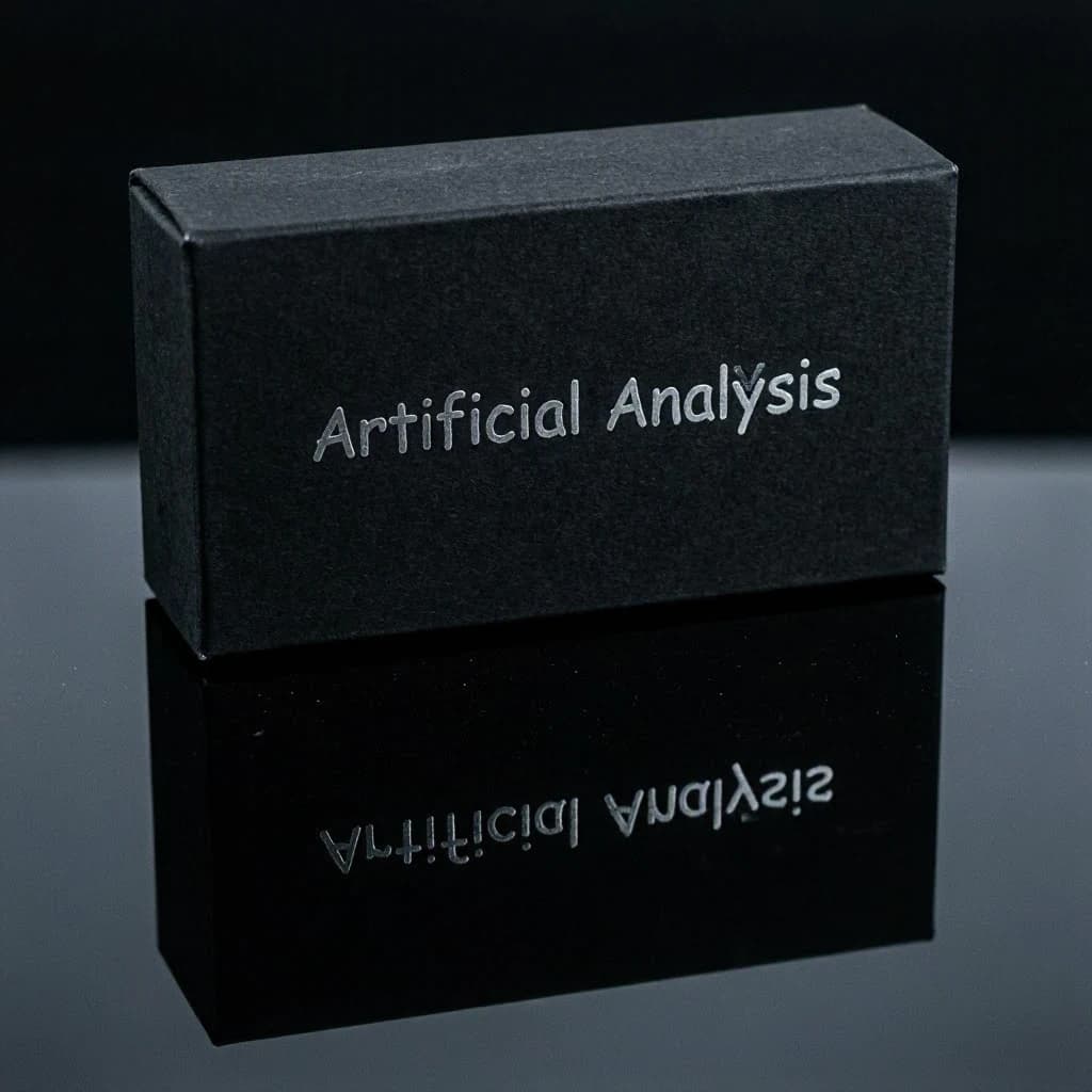 On the black box, silver foil embossing, centered: "Artificial Analysis" in Comic Sans Small Caps, perfectly justified. The letters are crisp, but the “Y” is duplicated faintly, ghosting right. On the box’s reflection, the word order is inverted: ARTIFICIAL ANALYSIS.