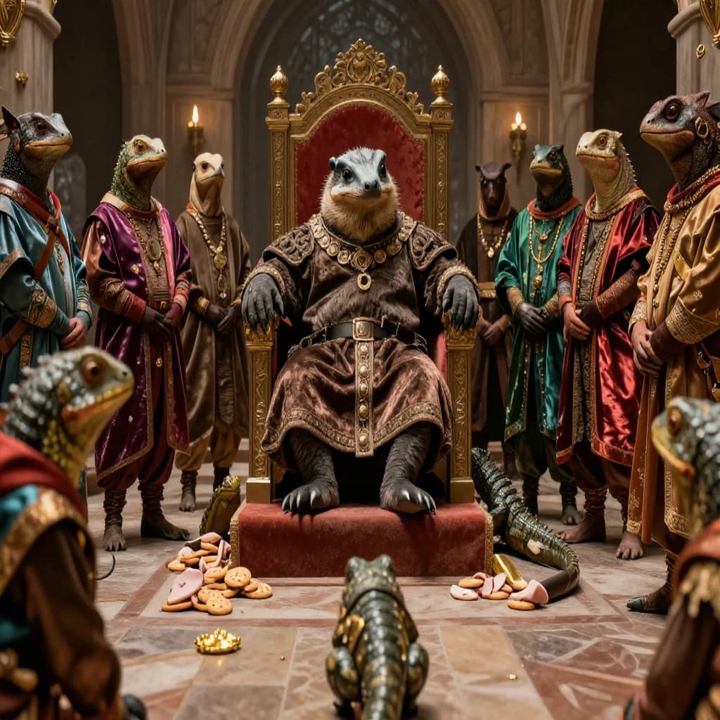 Big Weasel, the tyrannical ruler of the Levitus, slouches on his throne, his mood foul but somewhat brightened by the sight of gifts - a wearisome group of lizard traders adorned in fine silks proceed toward him through the hall with their annual tribute of biscuits, ham and gold - Big Weasel's favourites. Big Weasel's entourage looks on with stern approval.